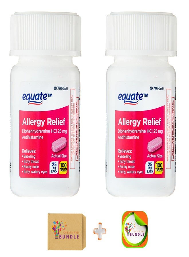 Create and Bundle Equate Allergy Relief 25 mg, 100ct Tablets (Pack 2) + Createandbundle Sticker - Image 1